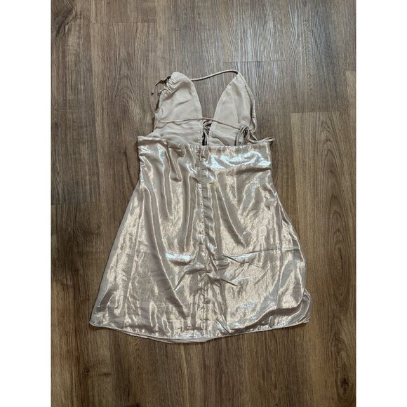 HOUSE OF CB Lucilla Beige Shimmer Mini Dress Mini Dress Large Metallic Shine - Picture 9 of 10